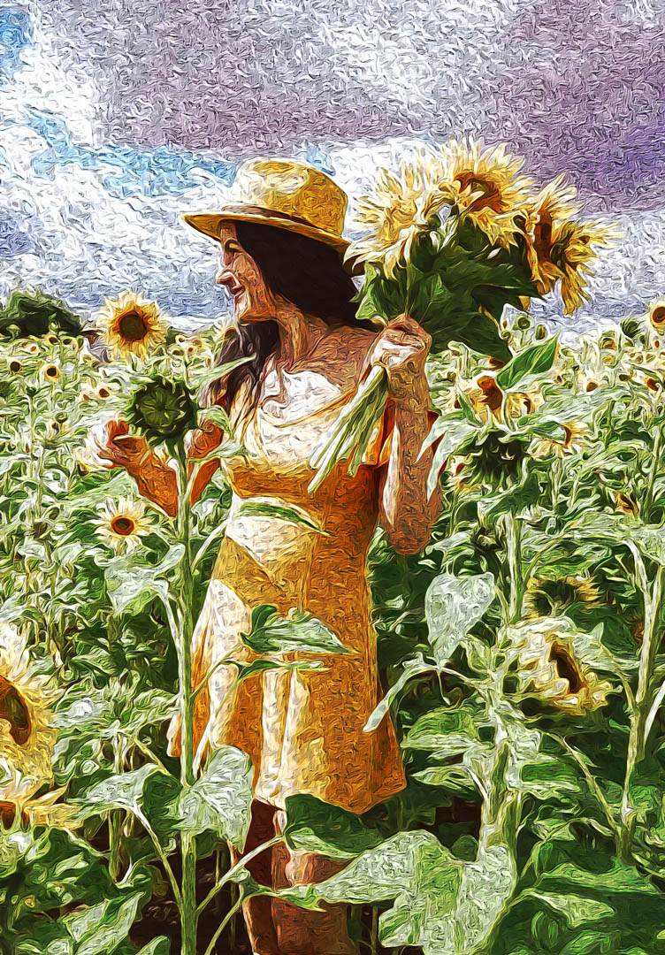 Vrouw met gele jurk in zonnebloemen - Vincent van Gogh art
