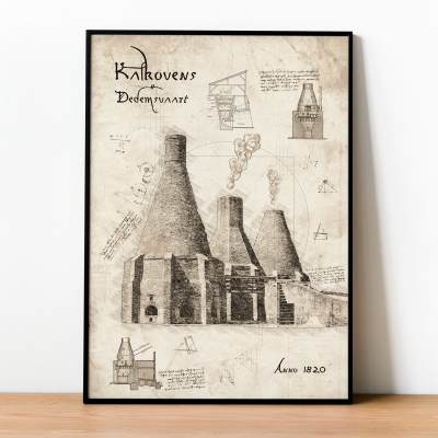 Illustratie van de kalksteenovens in Dedemsvaart in de style van Da Vinci