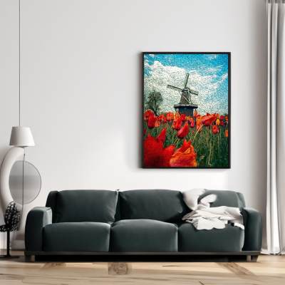 Hollandse Glorie - Vincent van Gogh illustratie van molen met tulpen - Poster met zwarte lijst