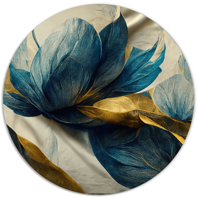 Muurcirkel art blauw goud 'Leaves the gold'