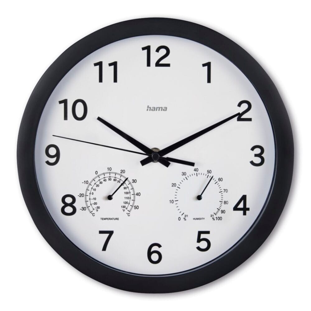 Wandklok met Thermo-Hygrometer geluidloos 25 cm Zwart/Wit 'Malta' - Hama