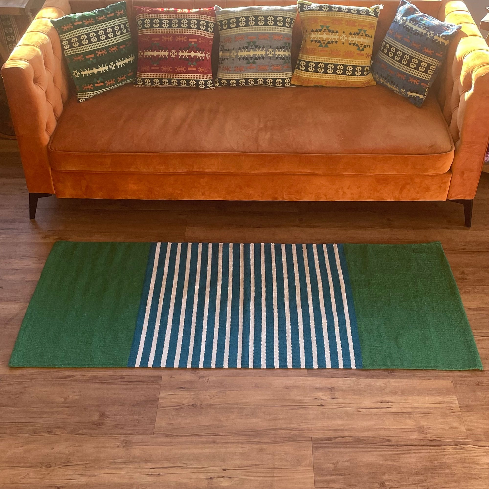 Indiaas katoenen tapijt 70x170cm Blauw Groen 'Maudi' - Afbeelding 2