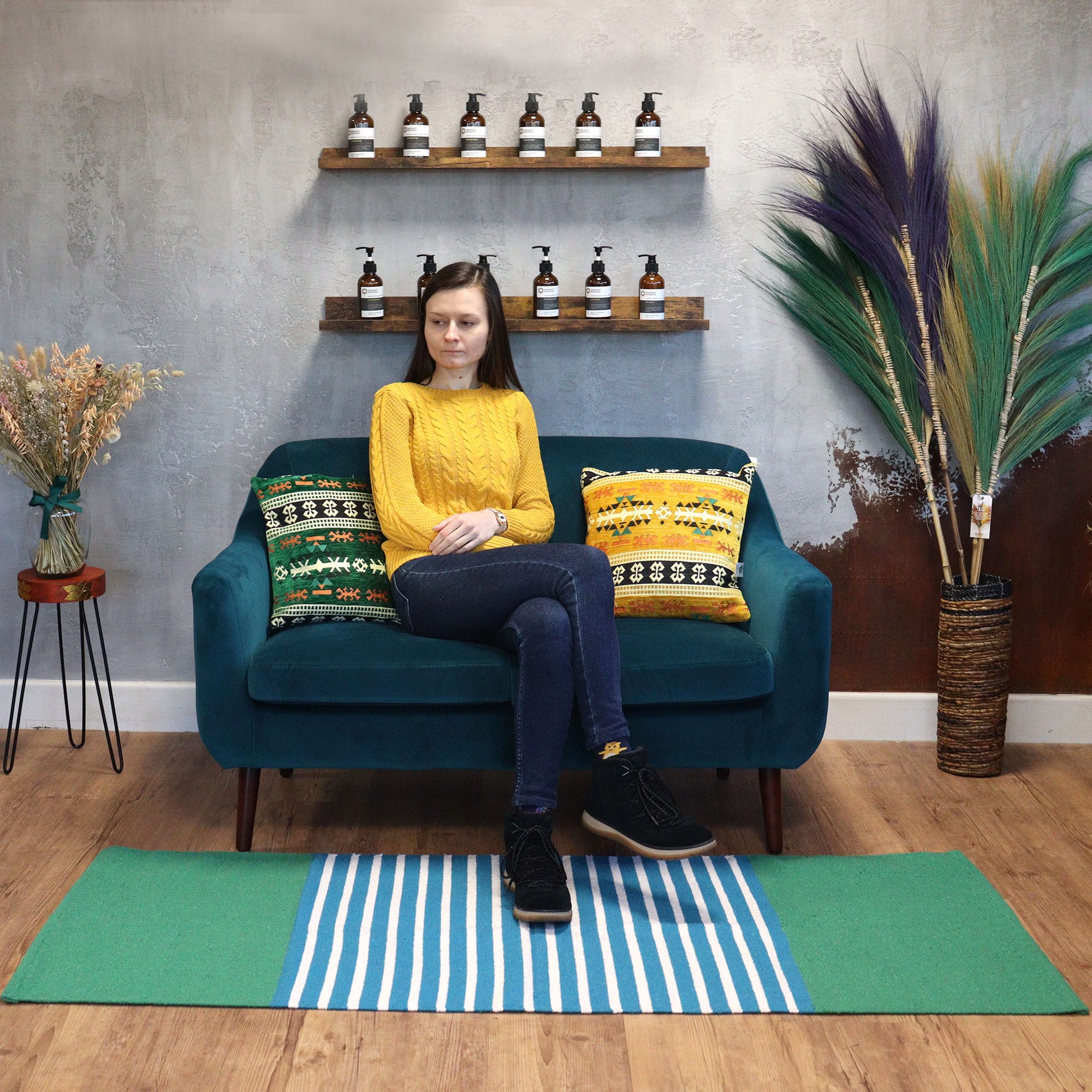 Indiaas katoenen tapijt 70x170cm Blauw Groen 'Maudi' - Afbeelding 8