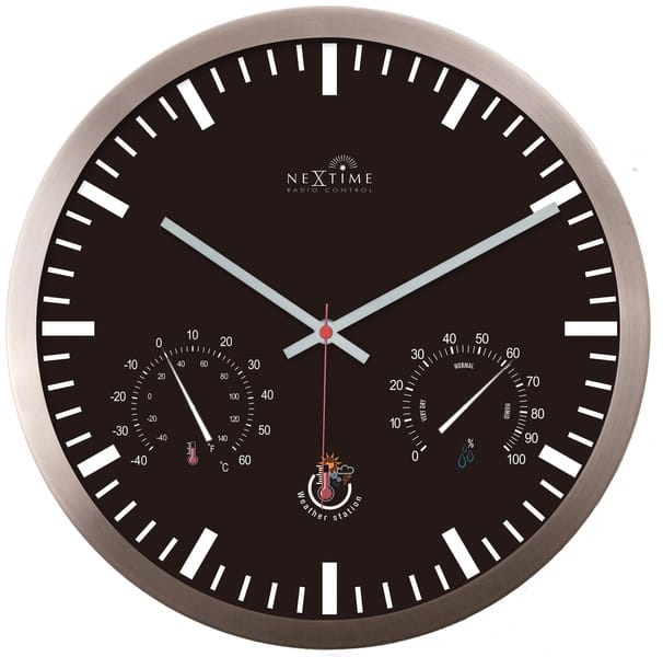 Wandklok + Weerstation 25cm Zwart RC Aluminium - NeXtime