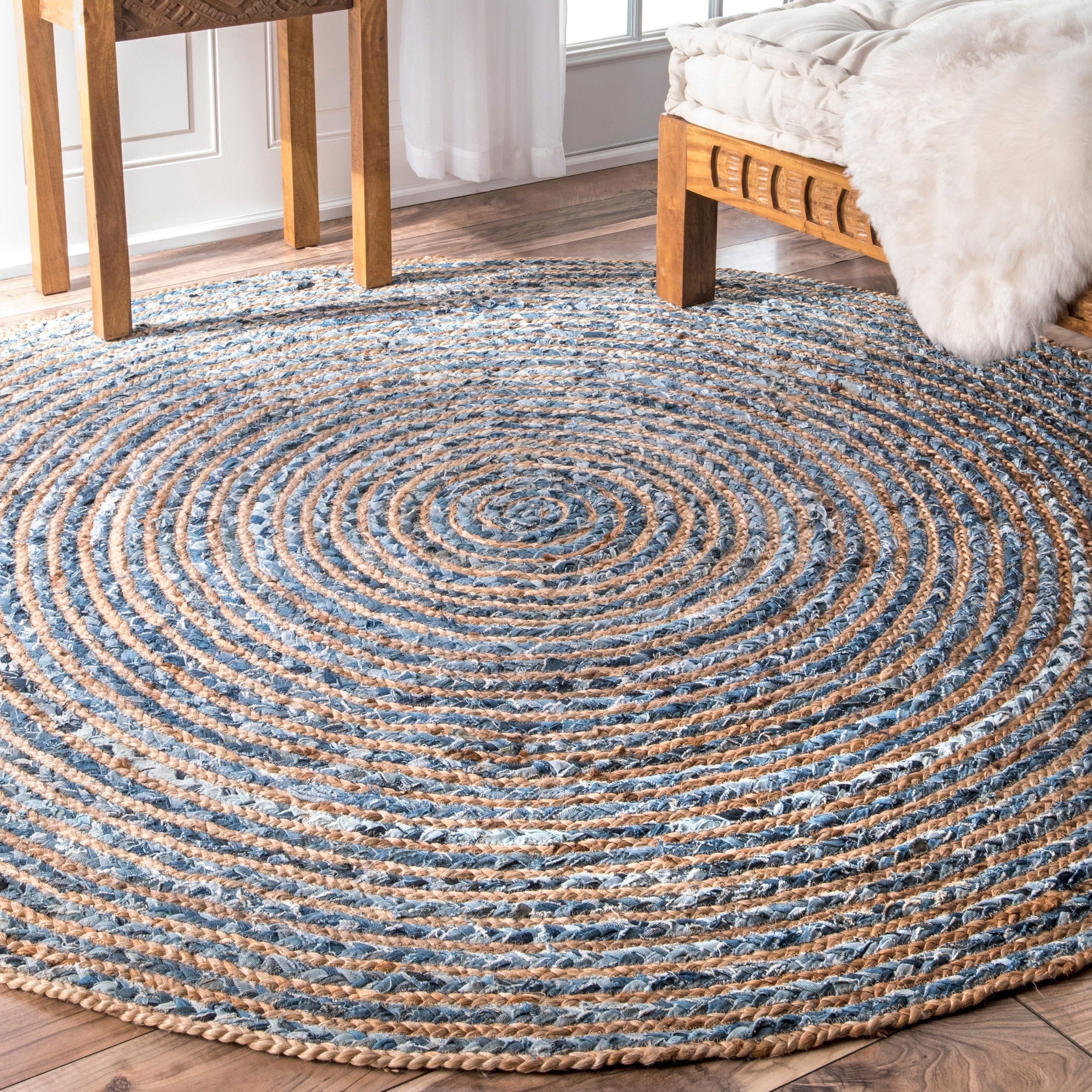 Round Jute and Recycle Denim Rug- 90 cm - Afbeelding 2