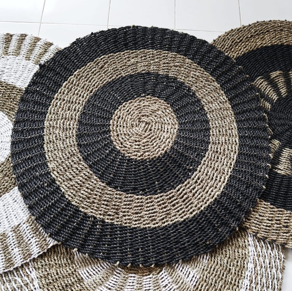 Handgemaakt Vloerkleed Rond 100cm zeegras Naturel Zwart 'Friendly Circles' - Afbeelding 3