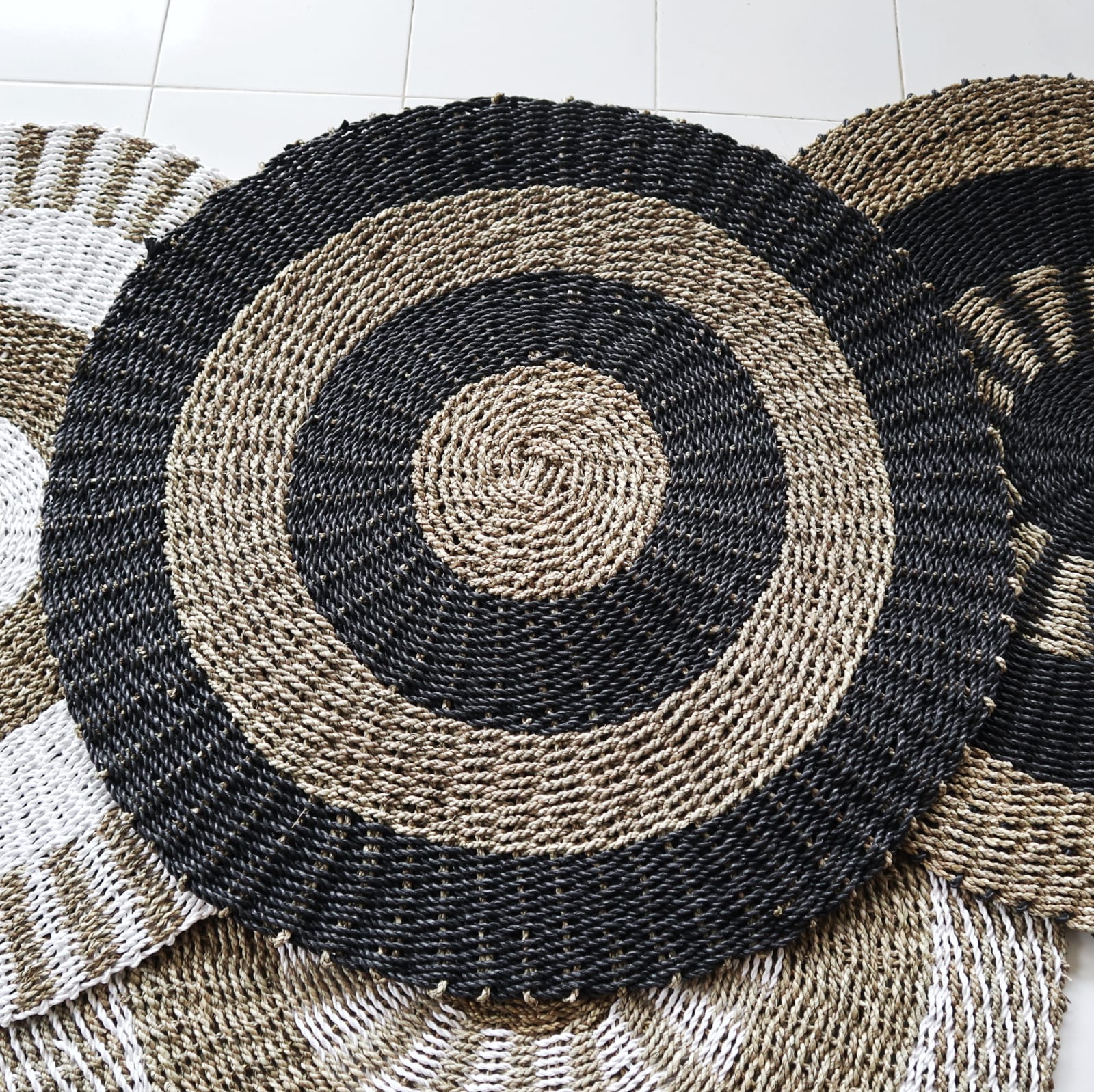 Handgemaakt Vloerkleed Rond 100cm zeegras Naturel Zwart 'Friendly Circles' - Afbeelding 3