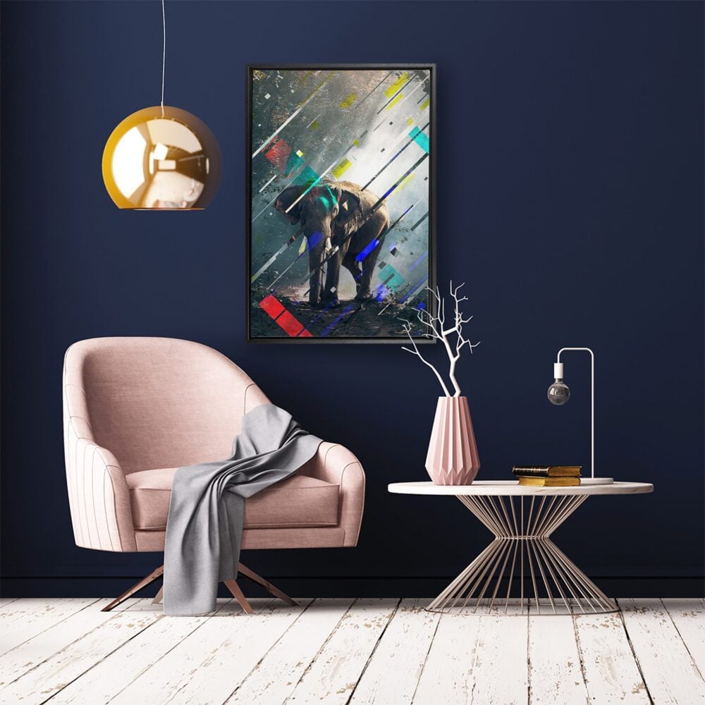 The elephant in the room canvas met baklijst - 75 x 100 cm hangend in de woonkamer
