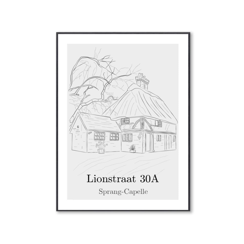 Hangetekende line-art illustratie van jouw huis met zwarte baklijst