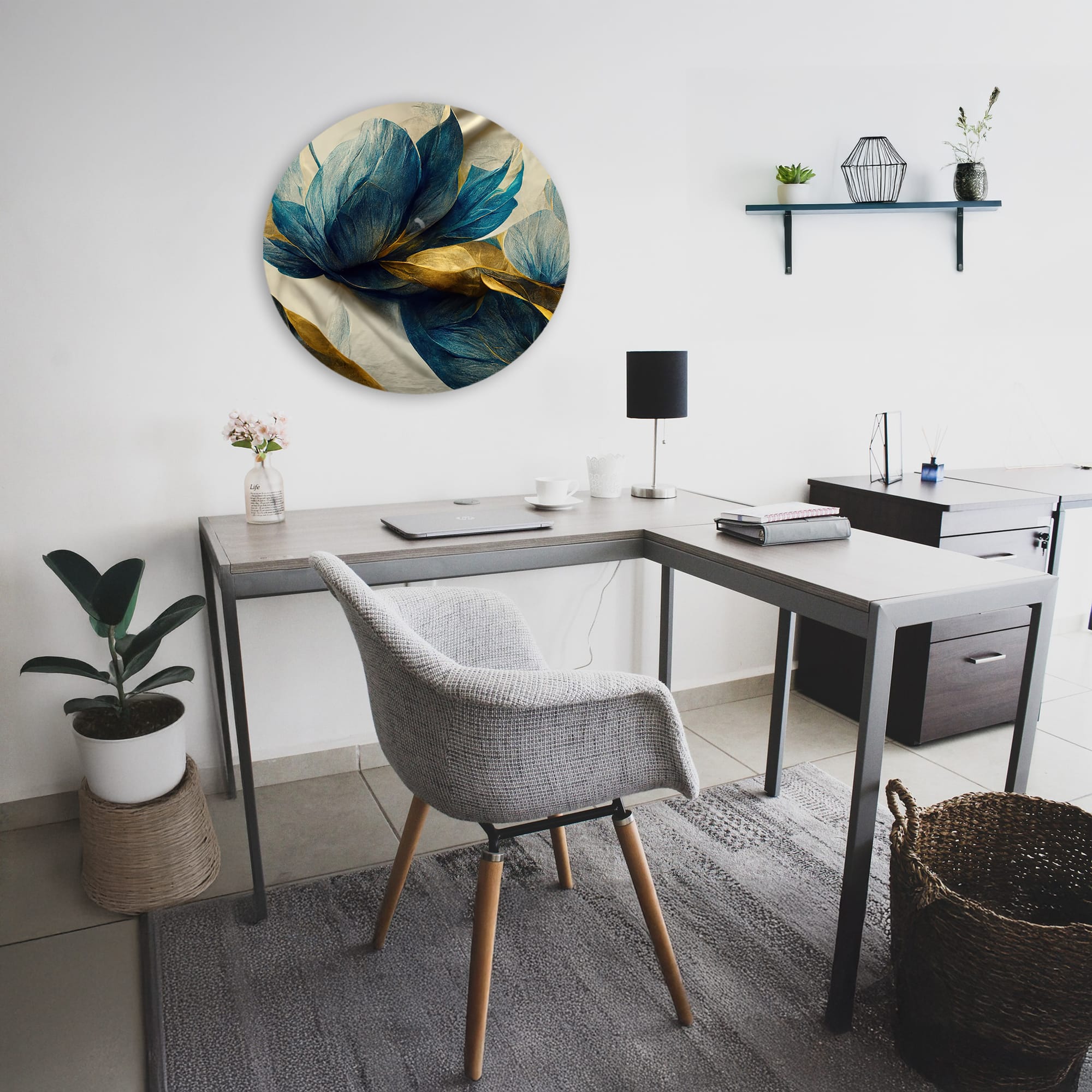 Muurcirkel art blauw goud ‘Leaves the gold’