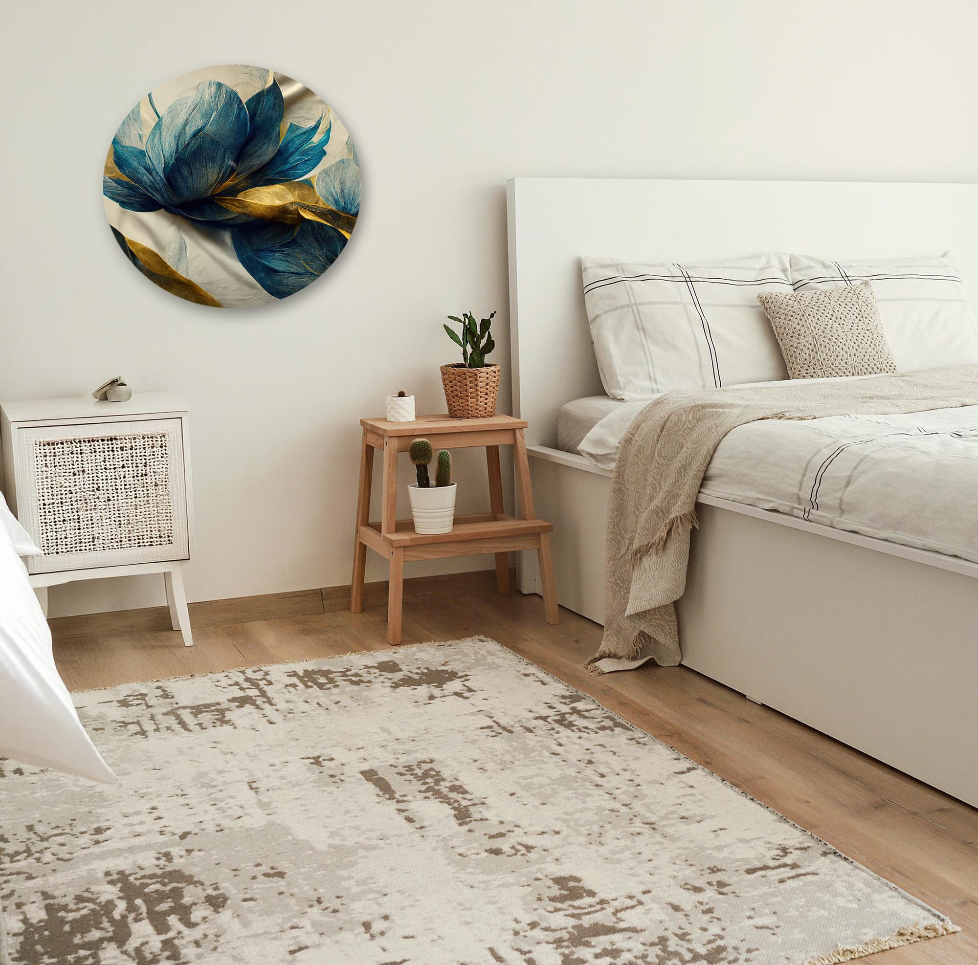 Muurcirkel art blauw goud ‘Leaves the gold’