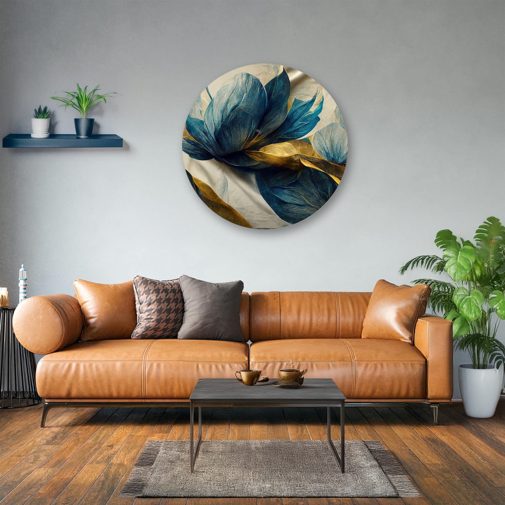 Muurcirkel art blauw goud ‘Leaves the gold’