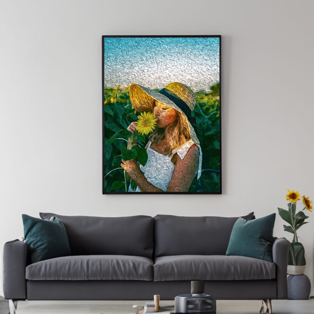 Portret DAme met hoed en zonnebloem - Van Gogh style